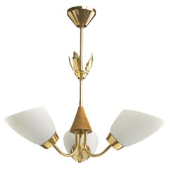 Swedish Designer, Chandelier, Brass, Glass, Wood, Sweden, 1950s
