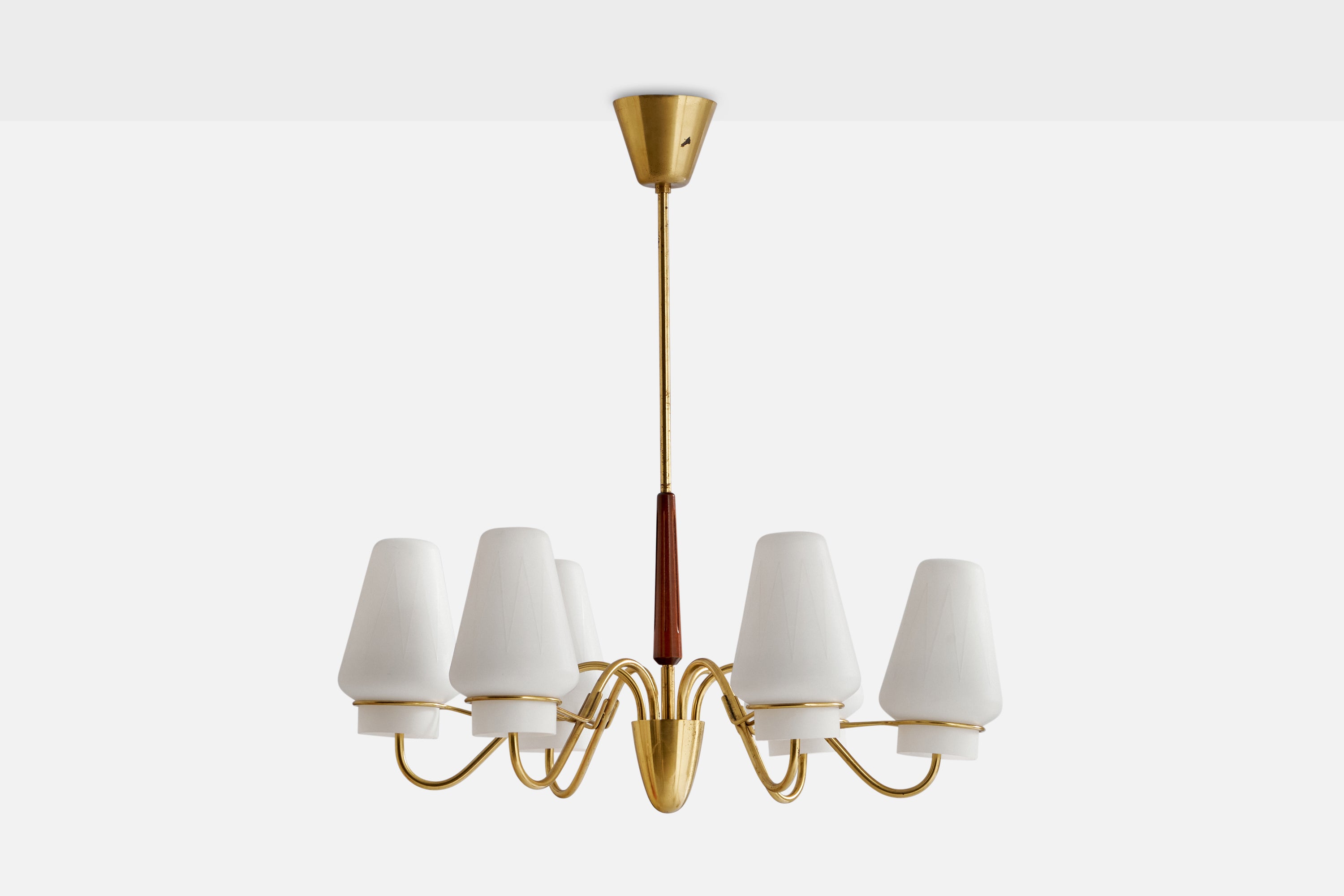 A brass, mahogany and opaline glass chandelier designed and produced in Sweden, c. 1940s.

Dimensions of canopy (inches): 3” H x 3.52” Diameter
Socket takes standard E-26 bulbs. 6 sockets.There is no maximum wattage stated on the fixture. All