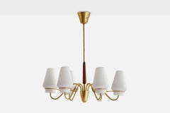 Swedish Designer, Chandelier, Brass, Mahogany, Glass, Sweden, 1940s