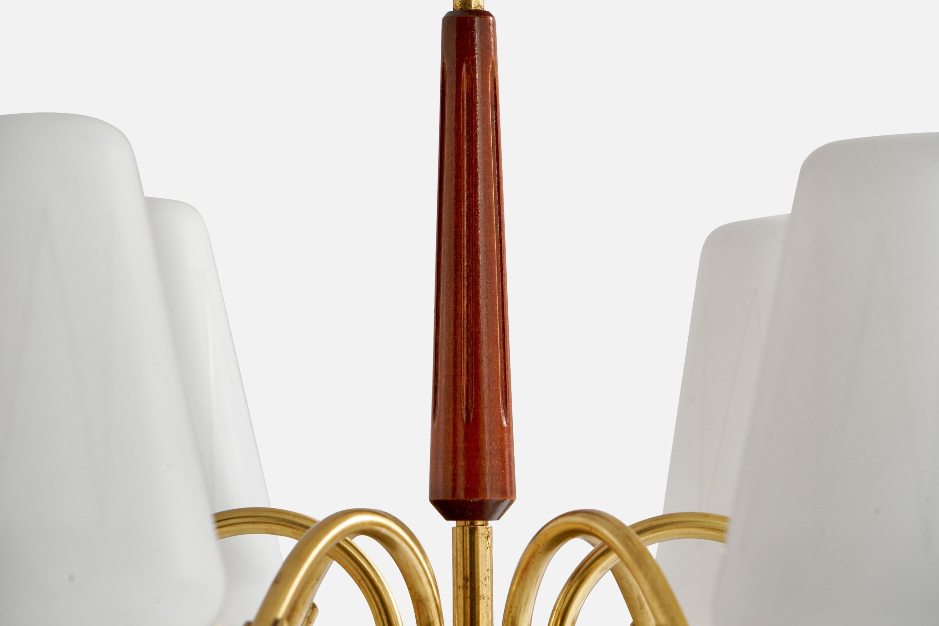 Mid-20th Century Swedish Designer, Chandelier, Brass, Mahogany, Glass, Sweden, 1940s For Sale