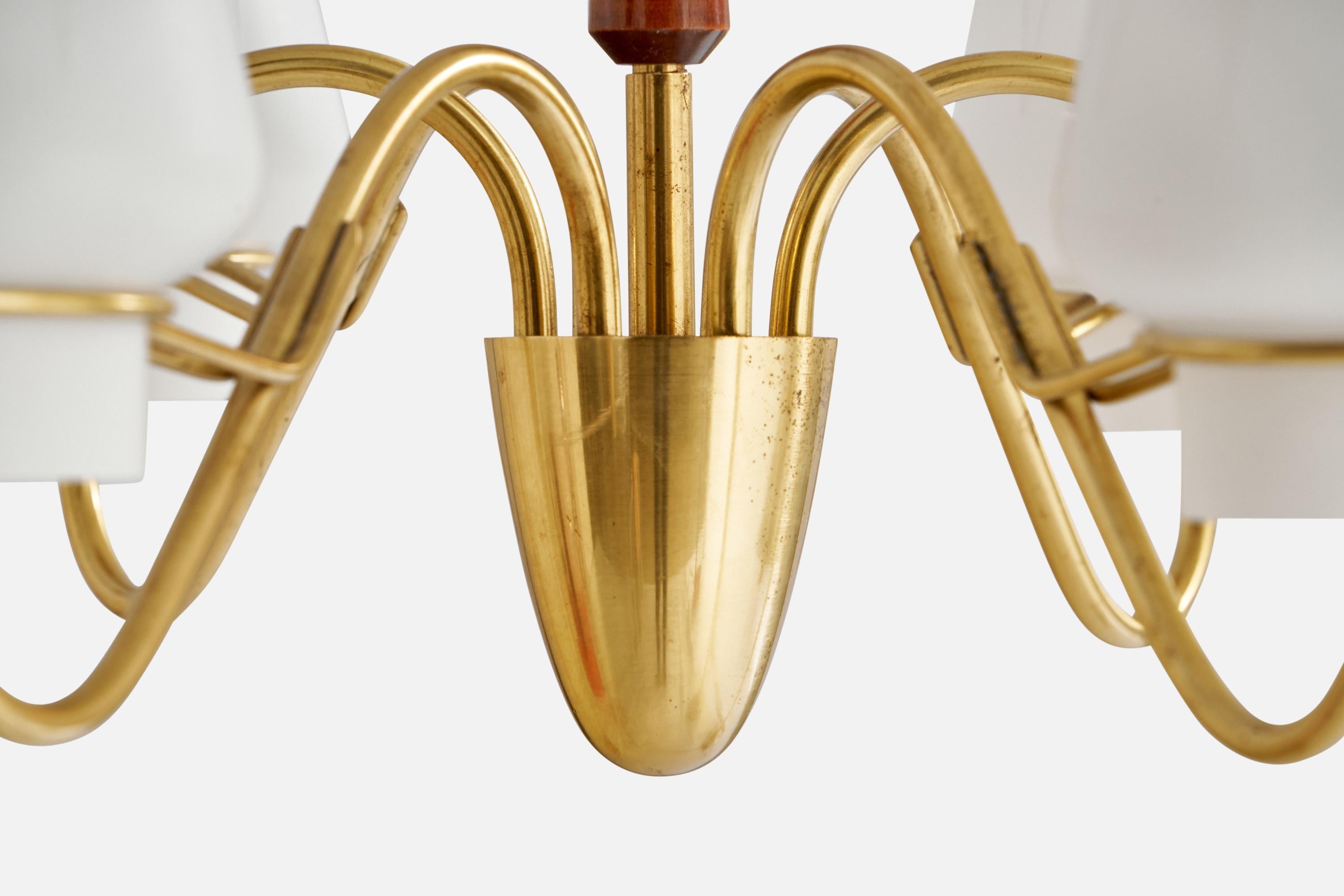 Swedish Designer, Chandelier, Brass, Mahogany, Glass, Sweden, 1940s For Sale 1