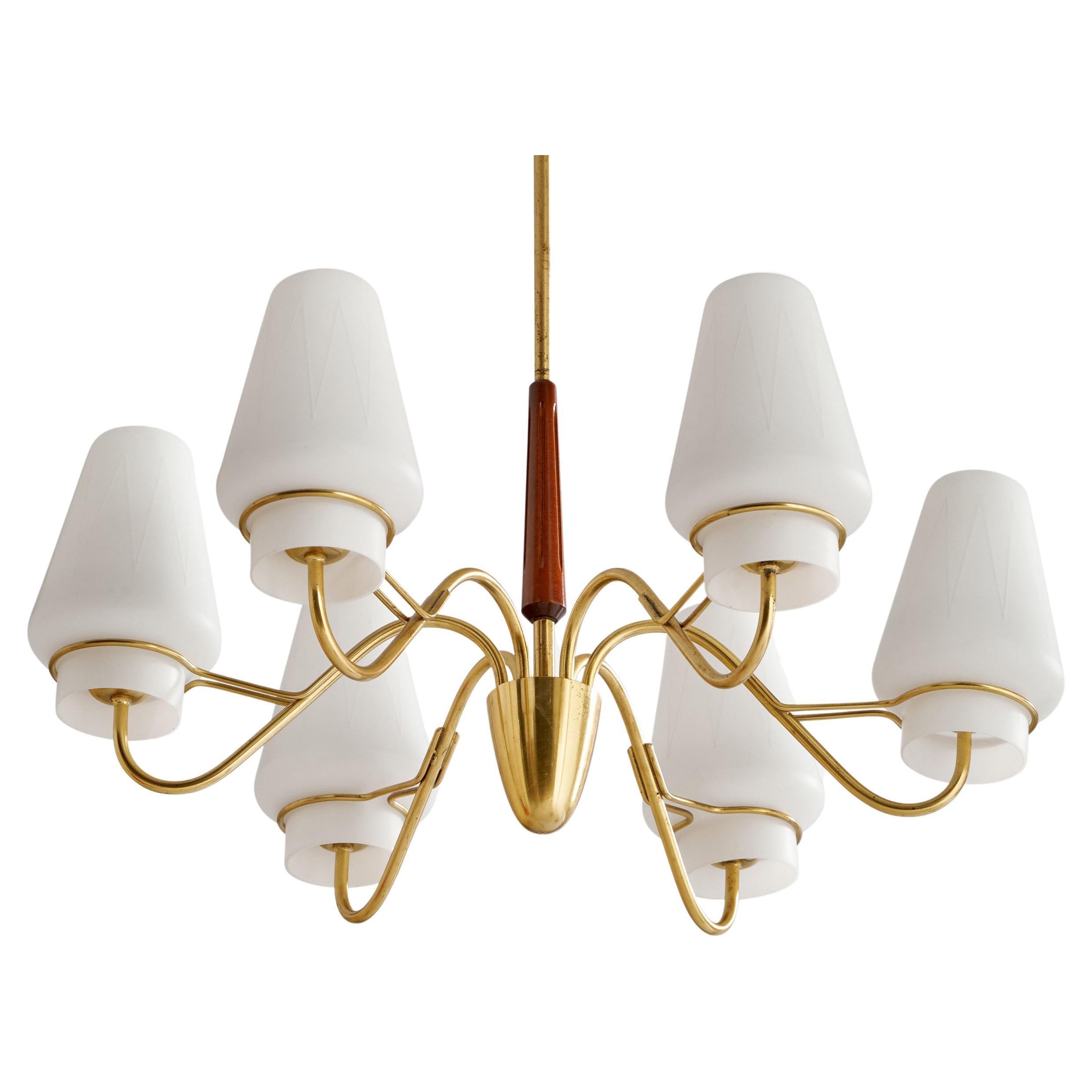 Swedish Designer, Chandelier, Brass, Mahogany, Glass, Sweden, 1940s For Sale