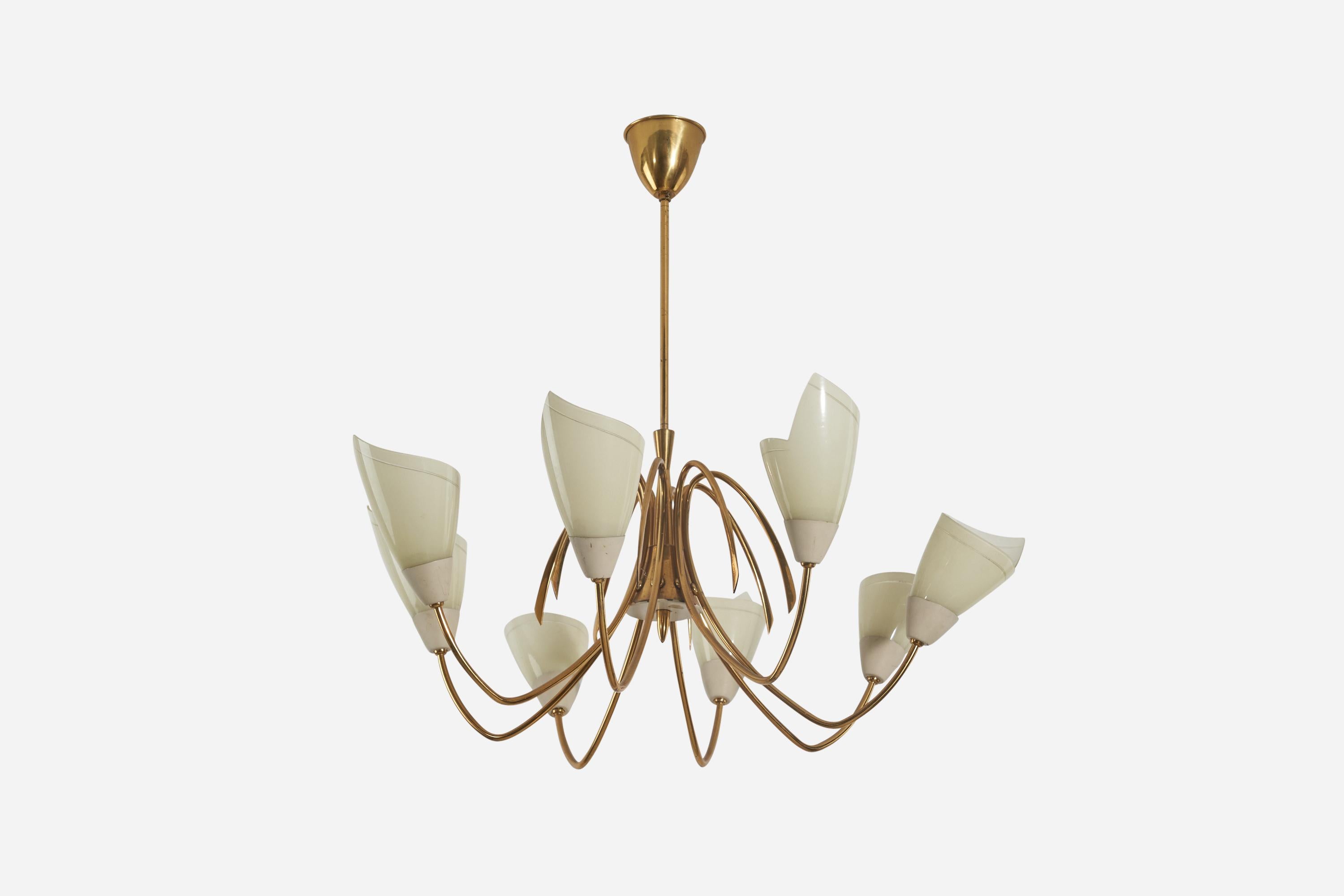 A brass, metal and acrylic chandelier designed and produced by a Swedish designer, Sweden, 1950s.

Dimensions of Canopy (inches) : 3 x 3.62 x 3.62 (Height x Width x Depth).

Socket takes E-14 bulb.
There is no maximum wattage stated on the