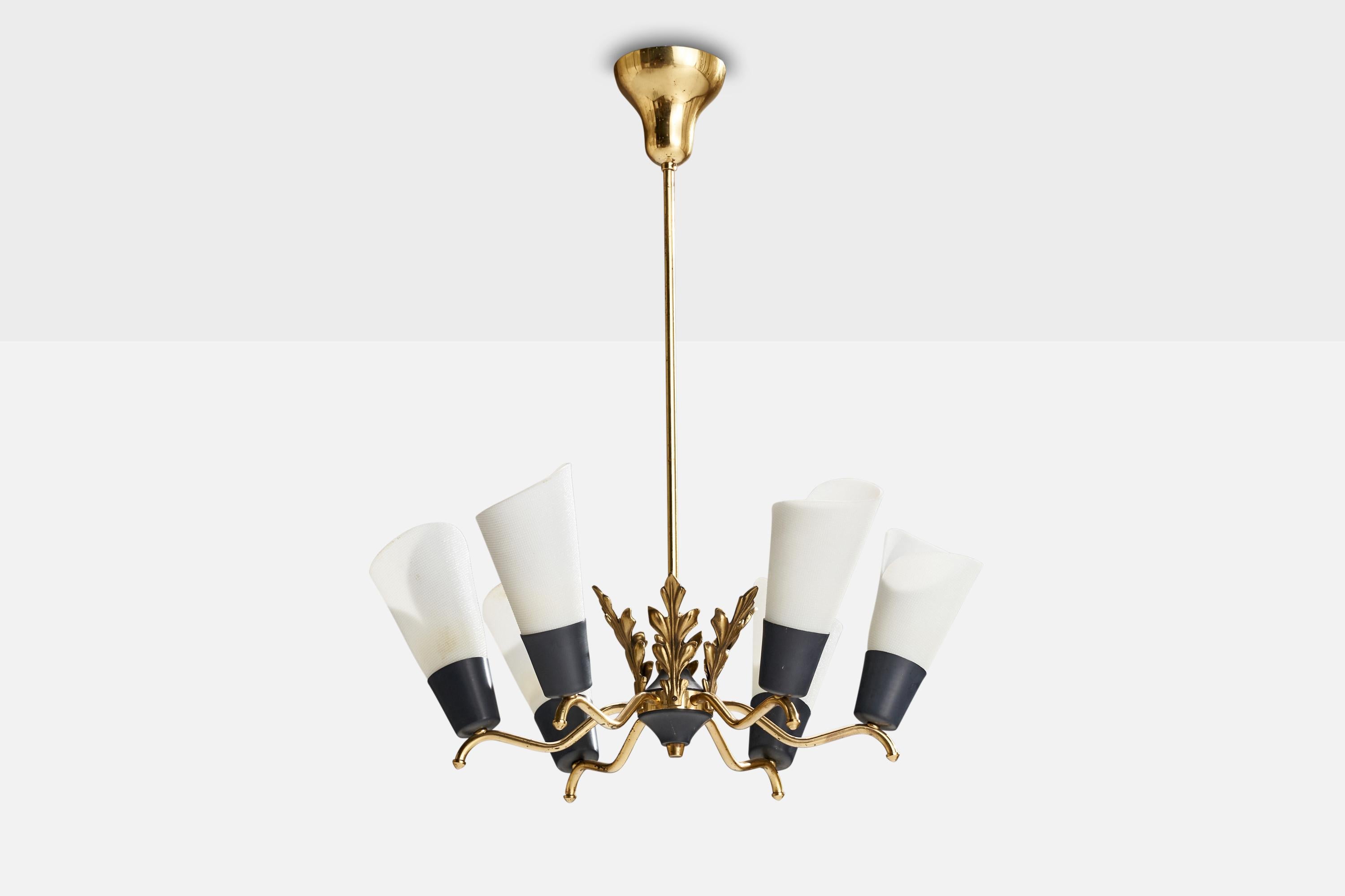 A brass, black-lacquered metal and white acrylic chandelier designed and produced in Sweden, 1950s.

Dimensions of canopy (inches): 4.33” H x 4.25” Diameter
Socket takes standard E-14 bulbs. 6 socket.There is no maximum wattage stated on the