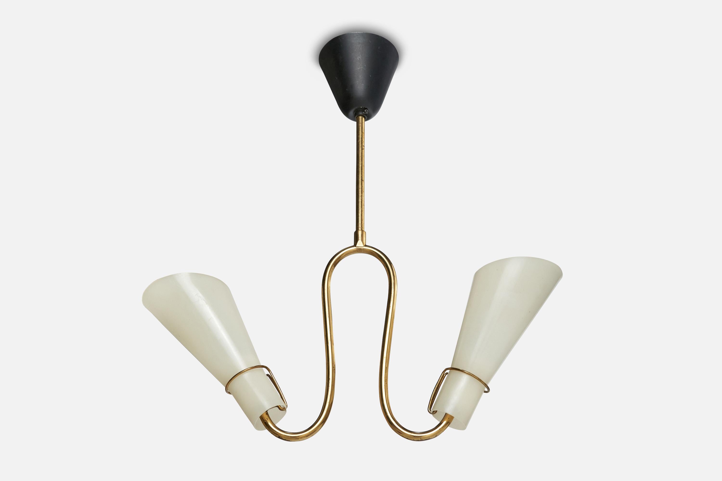 A brass, black-lacquered metal and white acrylic chandelier designed and produced in Sweden, c. 1950s.

Overall Dimensions (inches): 17.5” H x 16.6” W x 3.75” D

Dimensions of Canopy:  3.5” H x 3.75” Diameter

Stem length: 5” H

Bulb Specifications: