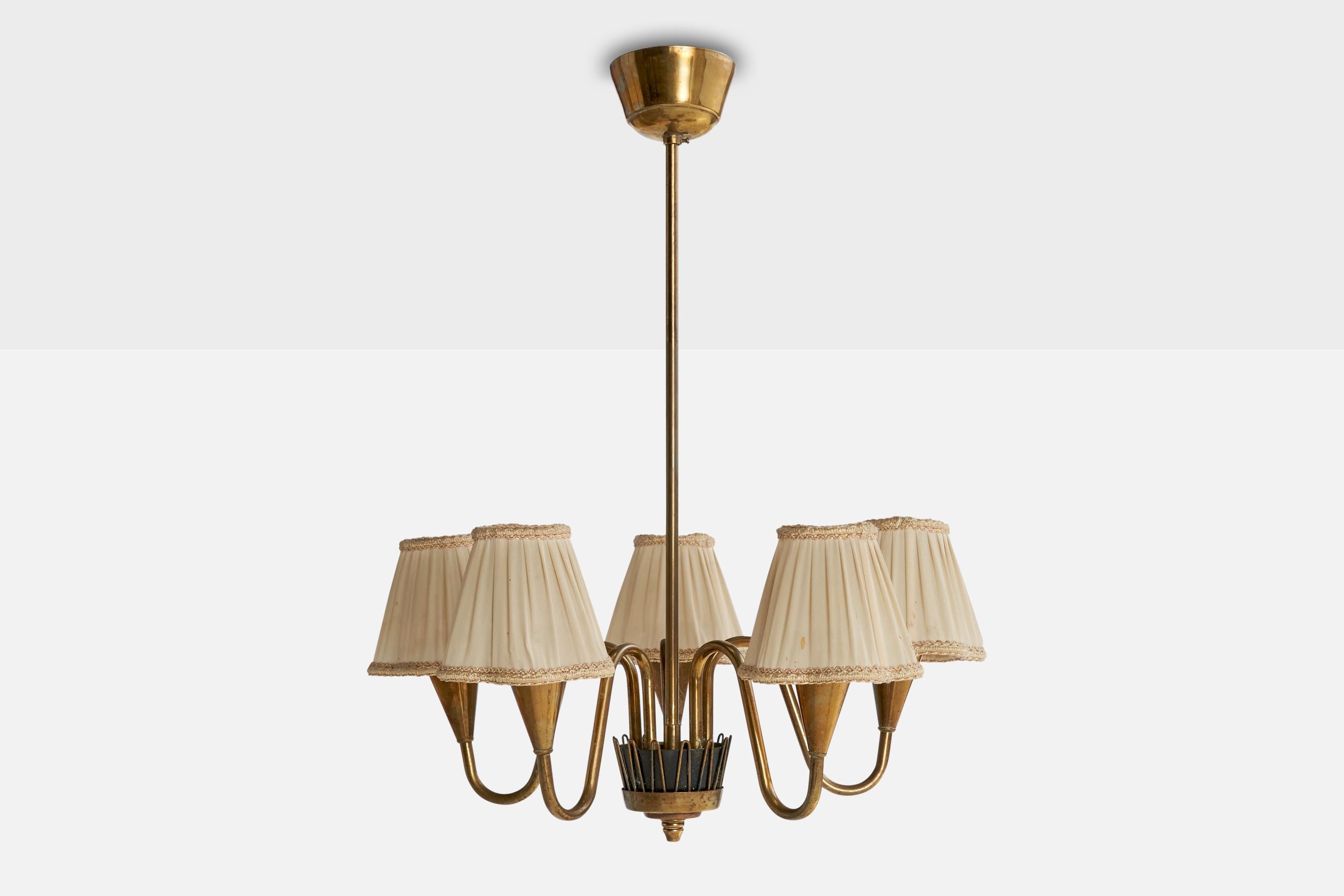 Scandinavian Modern Swedish Designer, Chandelier, Brass, Metal, Fabric, Sweden, 1940s For Sale
