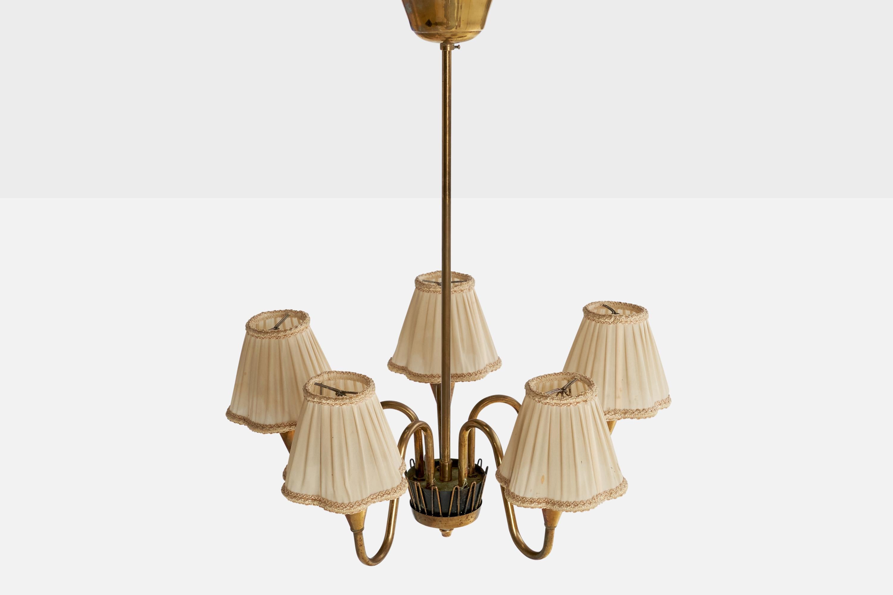 Swedish Designer, Chandelier, Brass, Metal, Fabric, Sweden, 1940s In Good Condition For Sale In High Point, NC