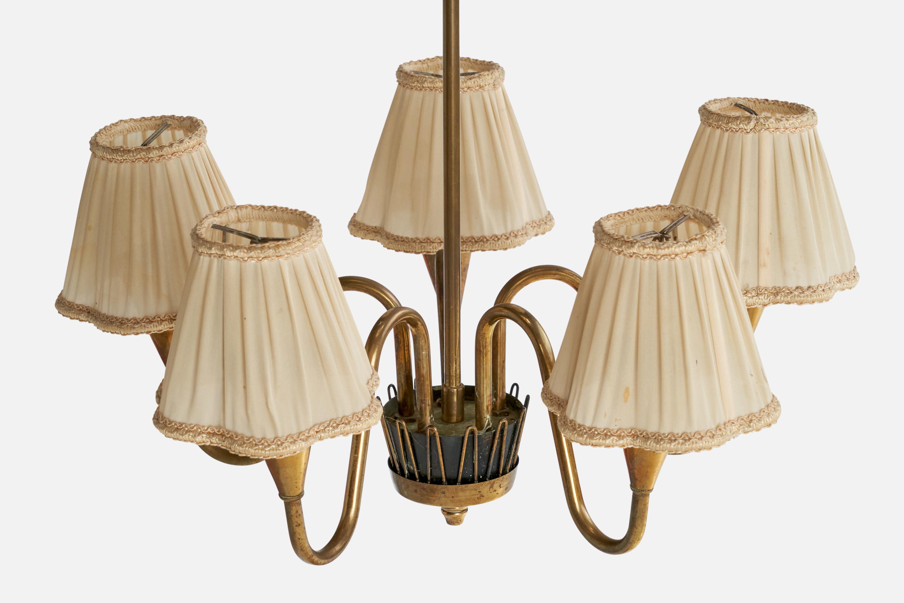 Mid-20th Century Swedish Designer, Chandelier, Brass, Metal, Fabric, Sweden, 1940s For Sale