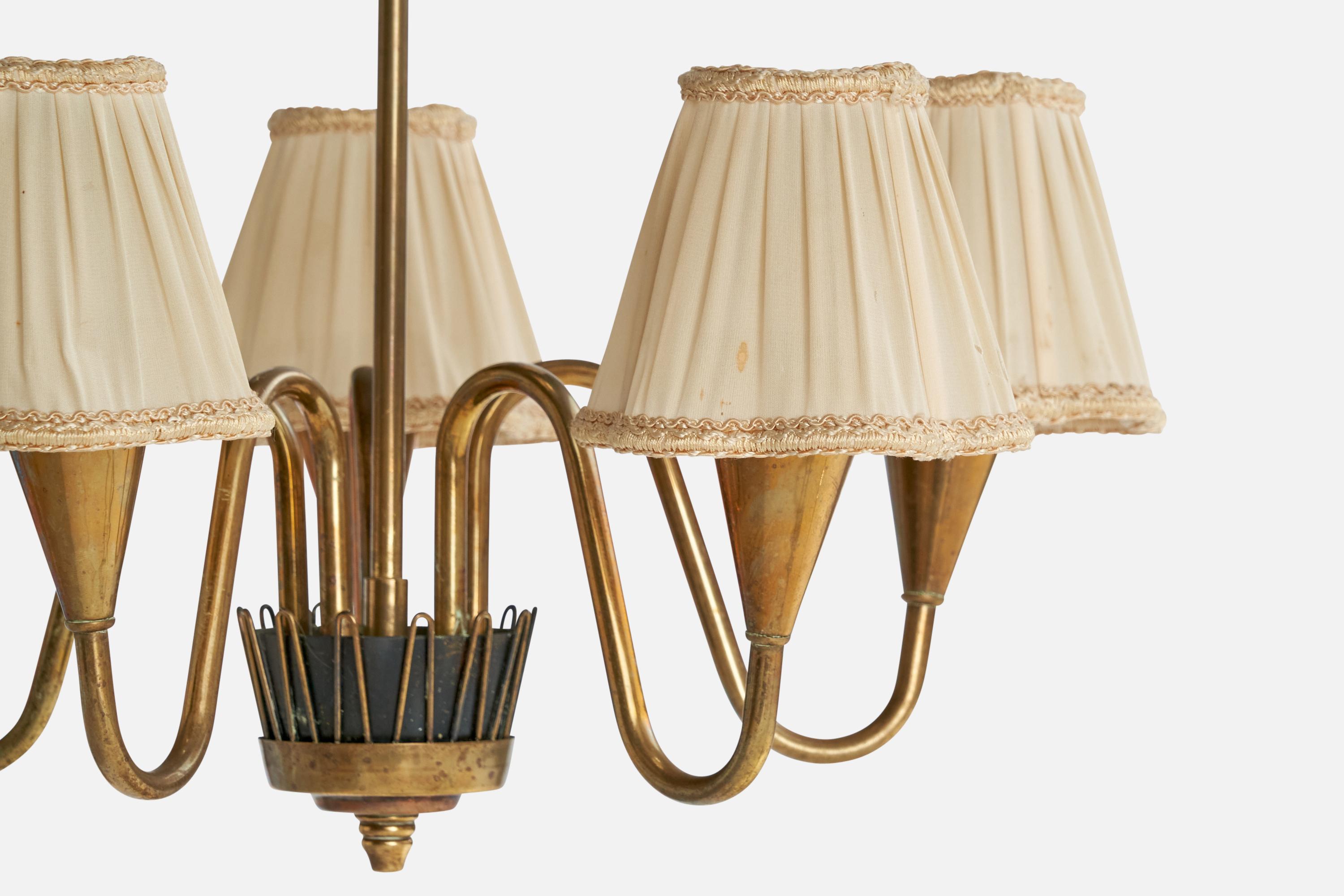 Swedish Designer, Chandelier, Brass, Metal, Fabric, Sweden, 1940s For Sale 1