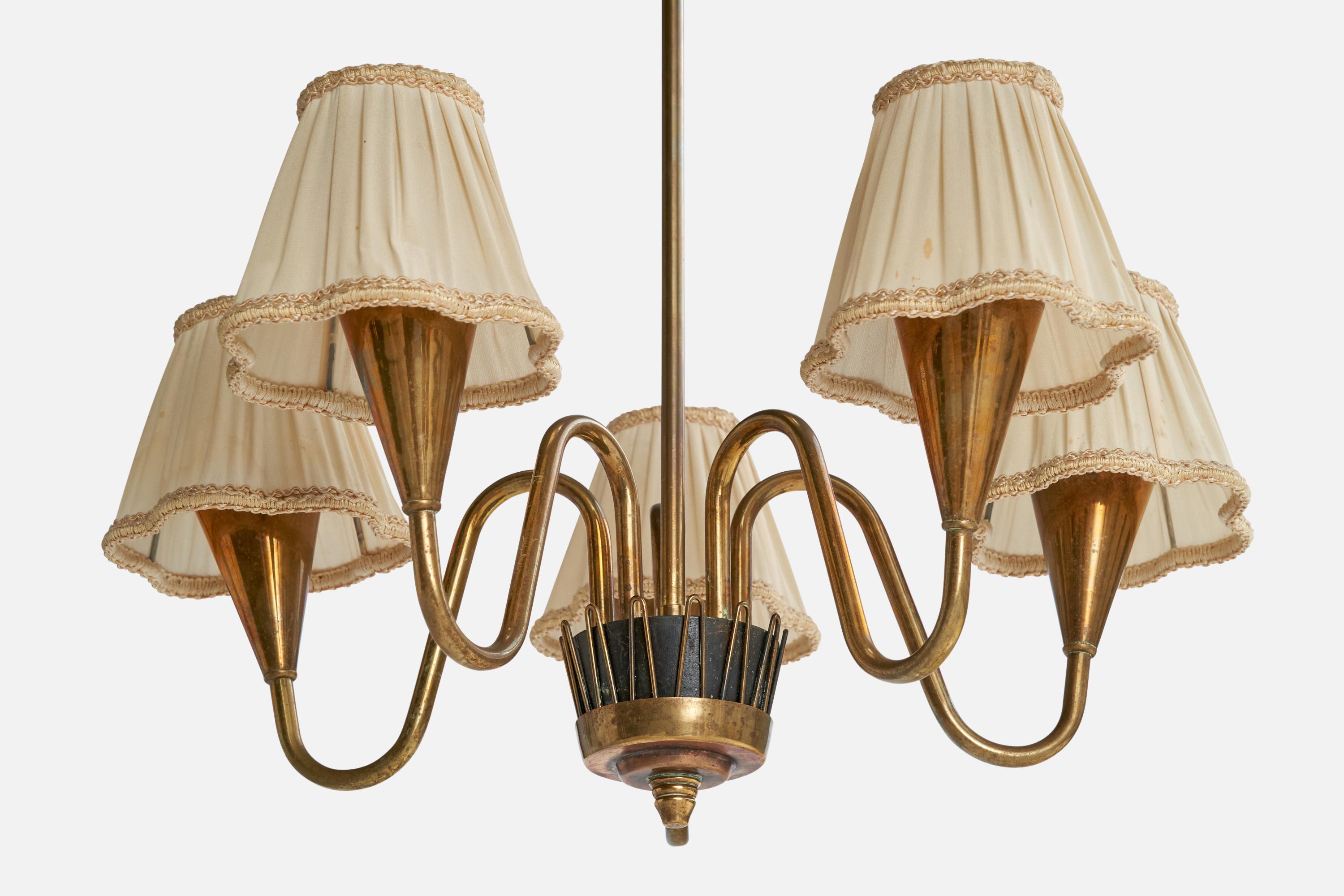 Swedish Designer, Chandelier, Brass, Metal, Fabric, Sweden, 1940s For Sale 2