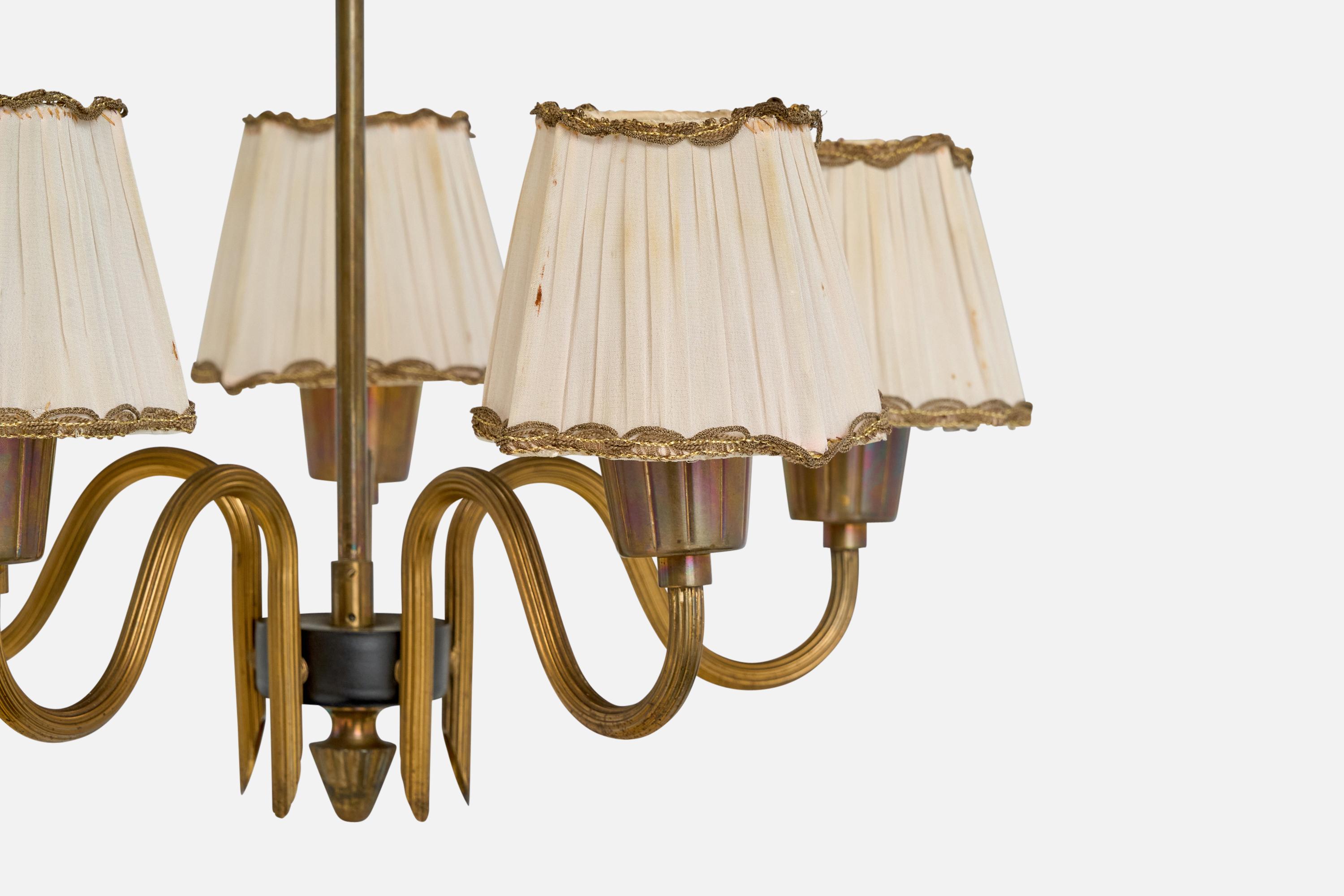 Designer suédois, lustre, laiton, métal, tissu, Suède, années 1940 en vente 1