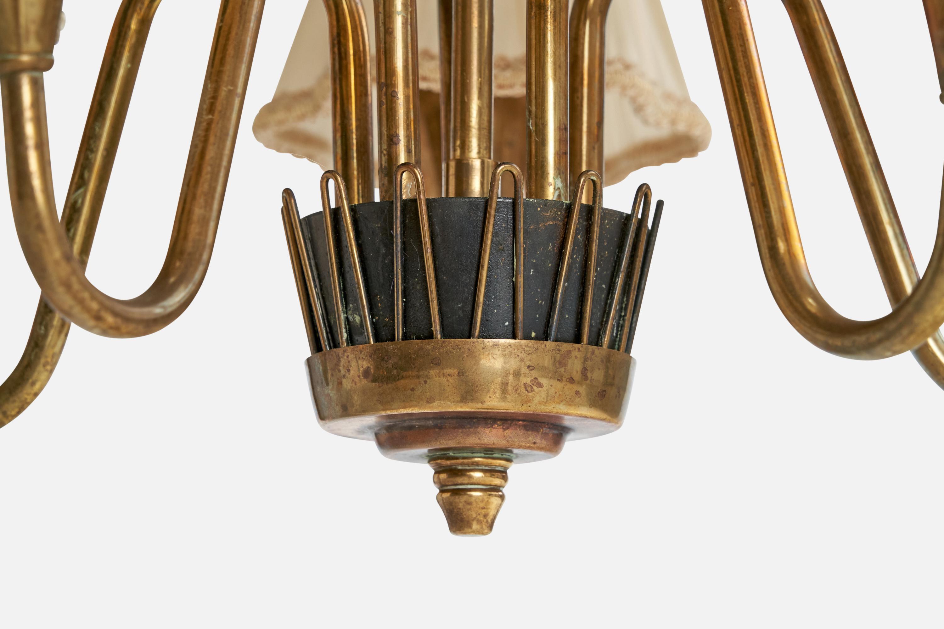 Swedish Designer, Chandelier, Brass, Metal, Fabric, Sweden, 1940s For Sale 3