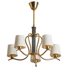 Swedish Designer, Chandelier, Brass, Metal, Fabric, Sweden, 1940s