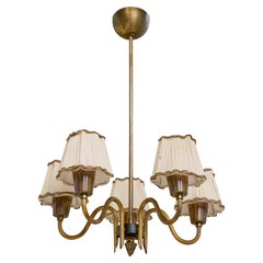 Swedish Designer, Chandelier, Brass, Metal, Fabric, Sweden, 1940s