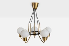 Swedish Designer, Chandelier, Brass, Metal, Glass, Sweden, 1950s
