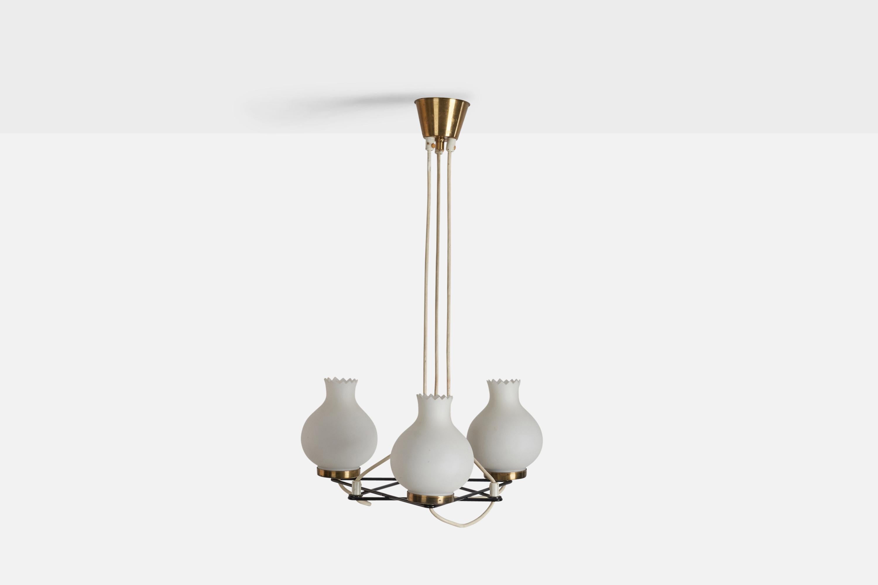 A brass, metal and glass chandelier designed and produced by a Swedish Designer, Sweden, 1950s.

Dimensions of Canopy (inches) : 2.6 x 3.6 x 3.6 (Height x Width x Depth) 

Sockets take standard E-26 medium base bulbs.

There is no maximum