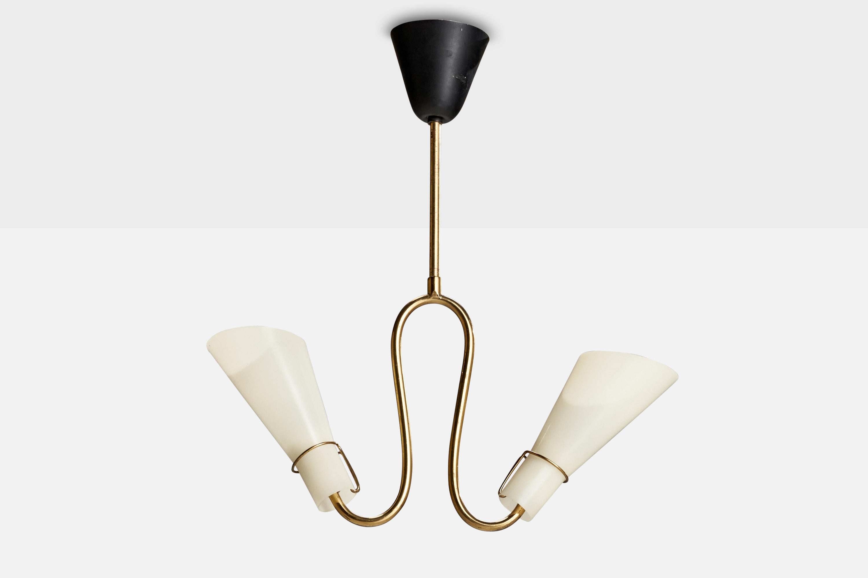 A brass, black-lacquered metal and opaline glass chandelier designed and produced in Sweden, c. 1950s.

Dimensions of canopy (inches): 3.36” H x 3.62” Diameter
Socket takes standard E-14 bulbs. 2 socket.There is no maximum wattage stated on the