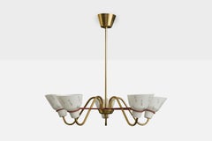 Swedish Designer, Chandelier, Brass, Metal, Glass, Sweden, 1950s