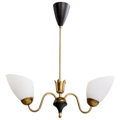 Swedish Designer, Chandelier, Brass, Metal, Glass, Sweden, 1950s