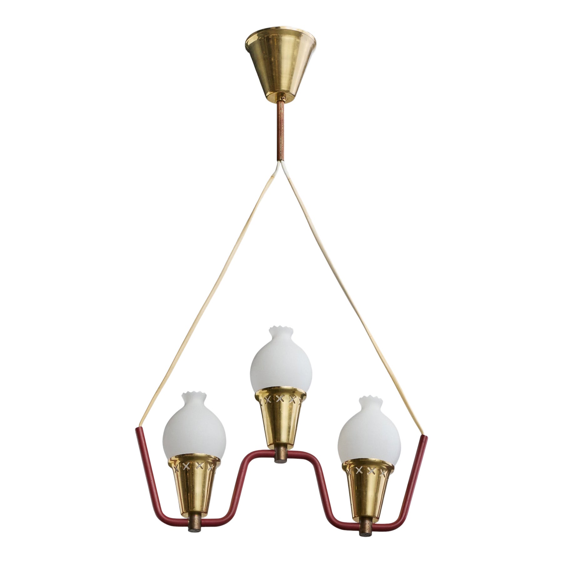 Swedish Designer, Chandelier, Brass, Metal, Glass, Sweden, 1950s