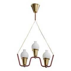 Swedish Designer, Chandelier, Brass, Metal, Glass, Sweden, 1950s
