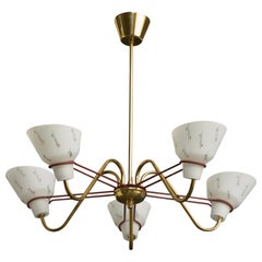 Swedish Designer, Chandelier, Brass, Metal, Glass, Sweden, 1950s