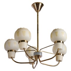 Swedish Designer, Chandelier, Brass, Metal, Glass, Sweden, 1950s
