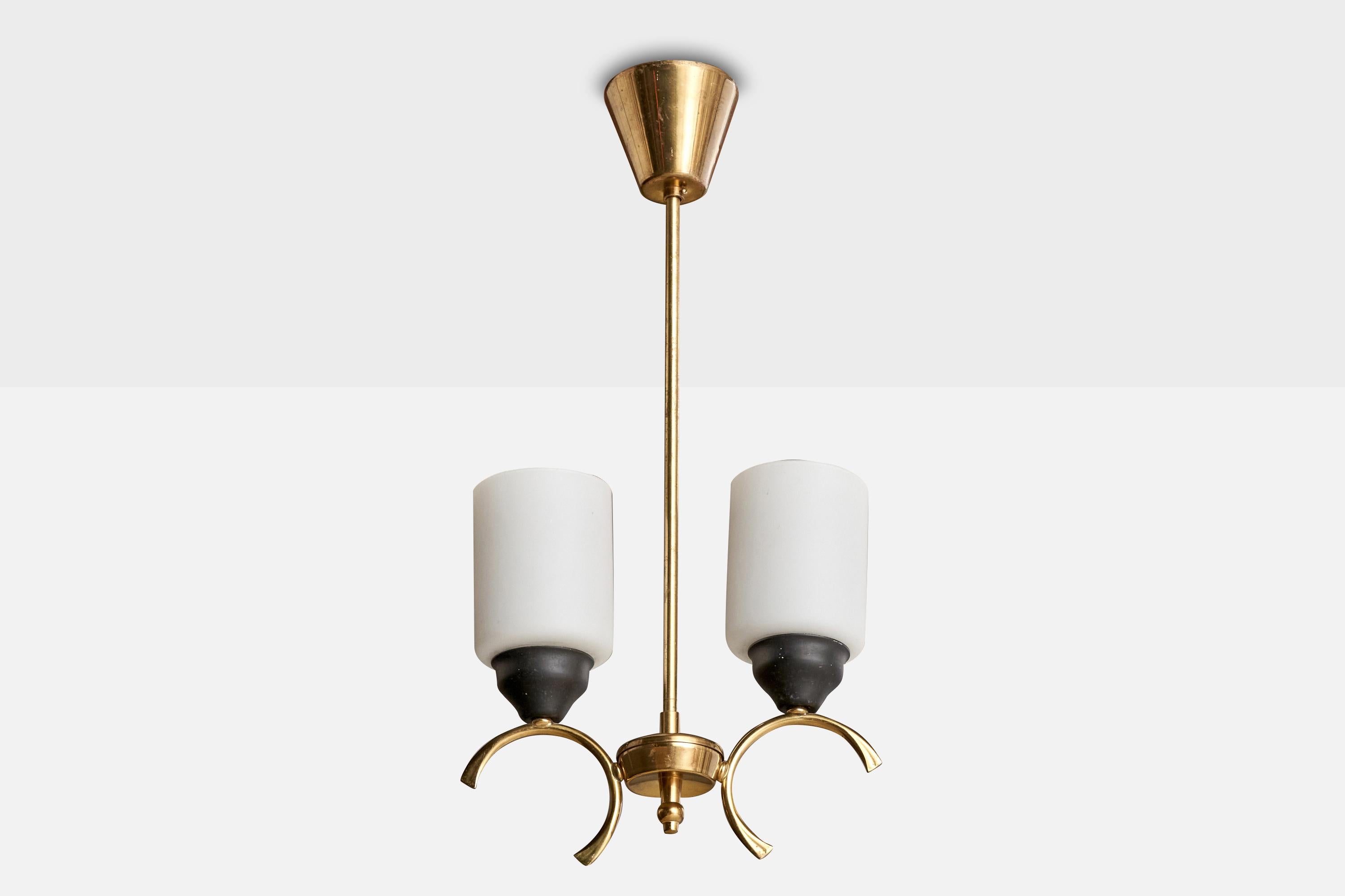 A brass, black-lacquered metal and opaline glass chandelier designed and produced in Sweden, c. 1960s.

Overall Dimensions (inches): 20.75” H x  10” Diameter
Dimensions of Canopy:  3.125” H x 3.75” W x 3.75” D
Stem length: 15.125 ”H
Bulb