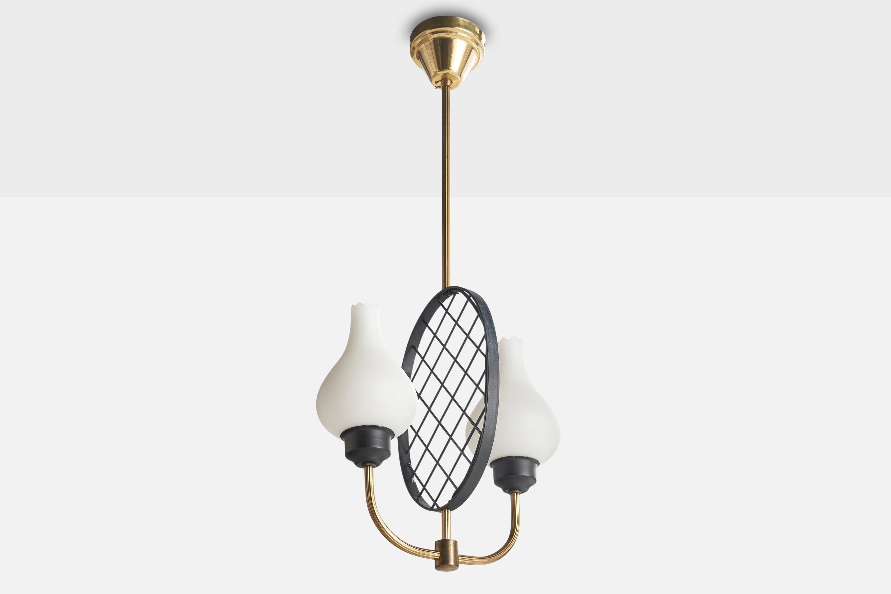A brass, black-lacquered metal and white opaline glass chandelier designed and produced in Sweden, c . 1960s.

Overall Dimensions (inches): 25.5” H x 12” Diameter

Dimensions of Canopy:  2.75” H x 3.5” W x 3.5” D

Stem length: 10.5” H

Bulb