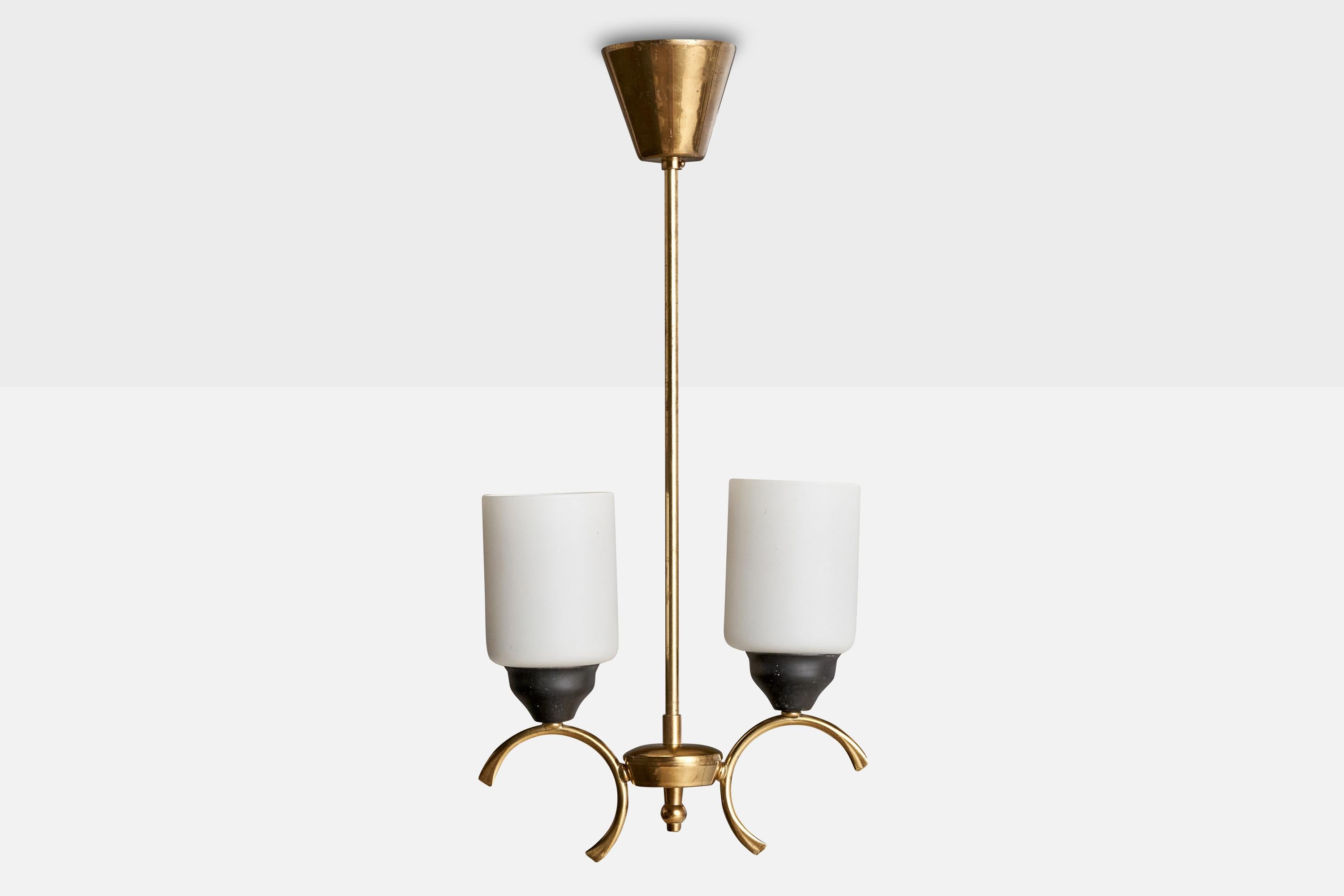 Scandinavian Modern Swedish Designer, Chandelier, Brass, Metal, Glass, Sweden, 1960s For Sale
