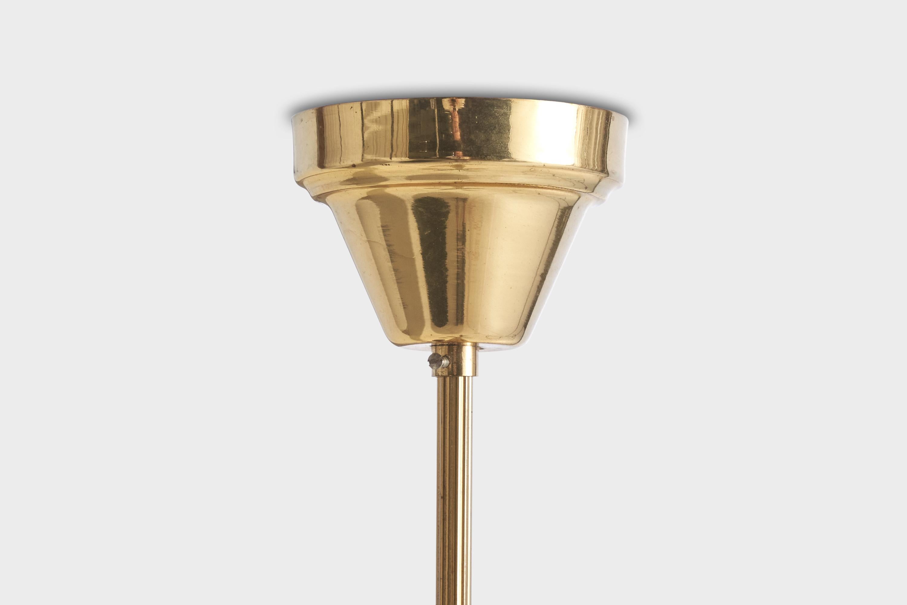 Scandinavian Modern Swedish Designer, Chandelier, Brass, Metal, Glass, Sweden, 1960s For Sale