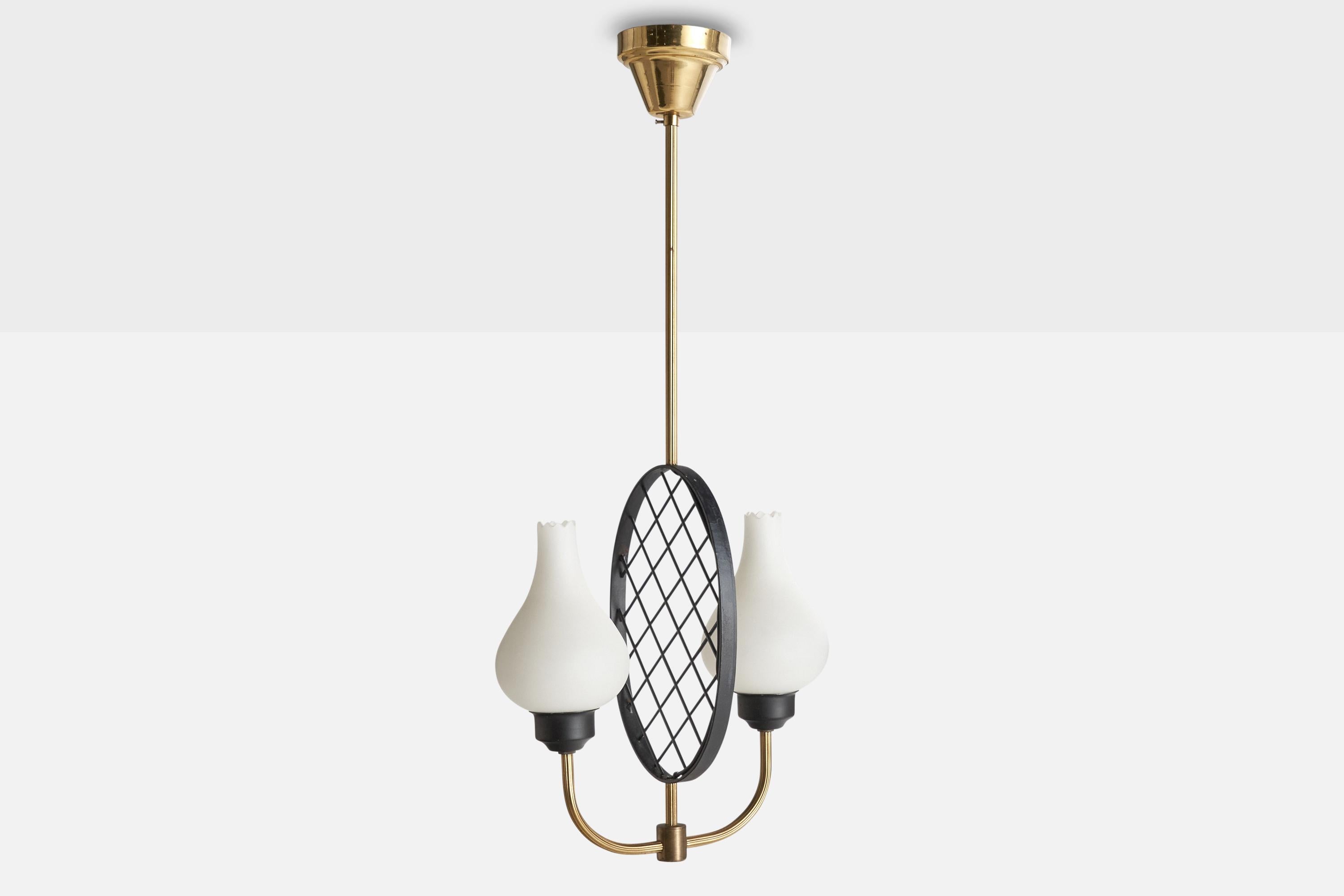 Swedish Designer, Chandelier, Brass, Metal, Glass, Sweden, 1960s In Good Condition For Sale In High Point, NC