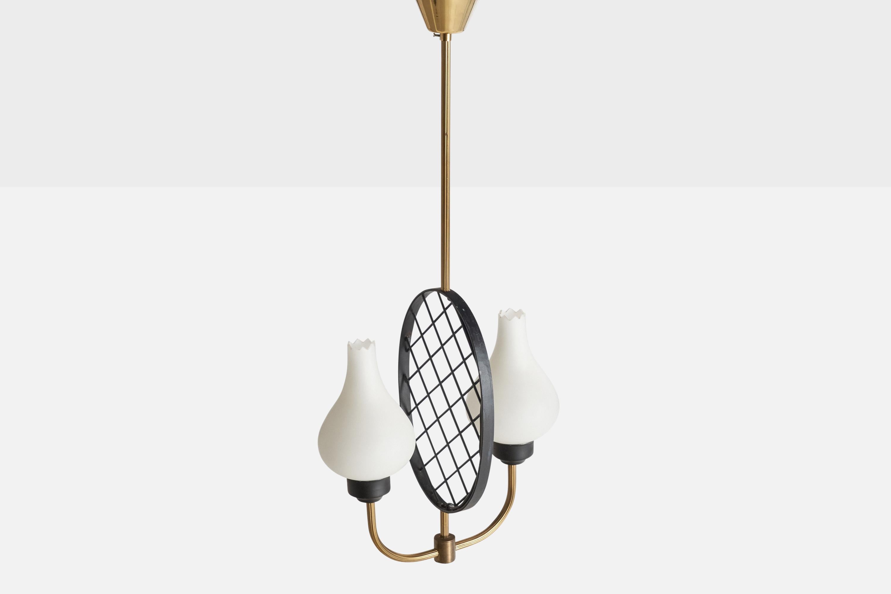 Mid-20th Century Swedish Designer, Chandelier, Brass, Metal, Glass, Sweden, 1960s For Sale