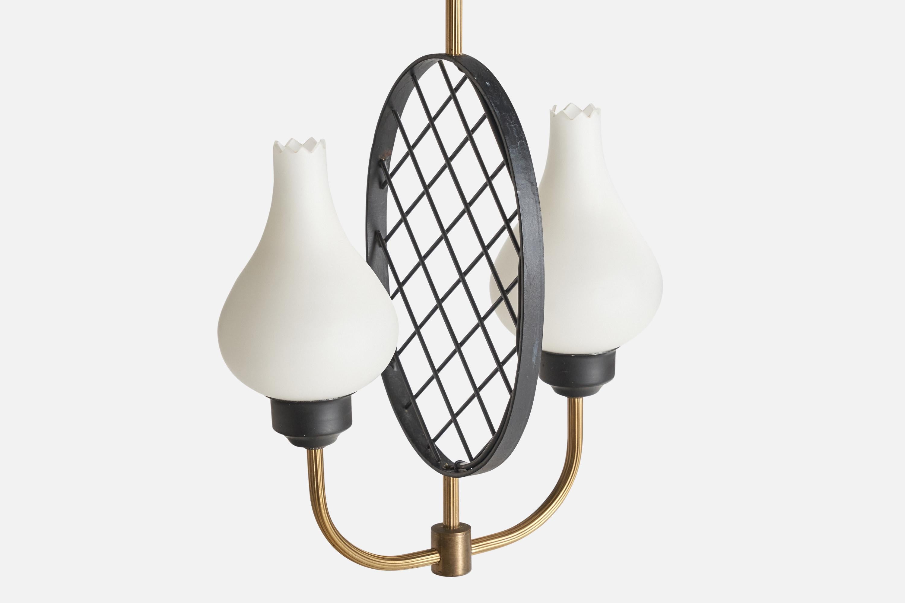Swedish Designer, Chandelier, Brass, Metal, Glass, Sweden, 1960s For Sale 1