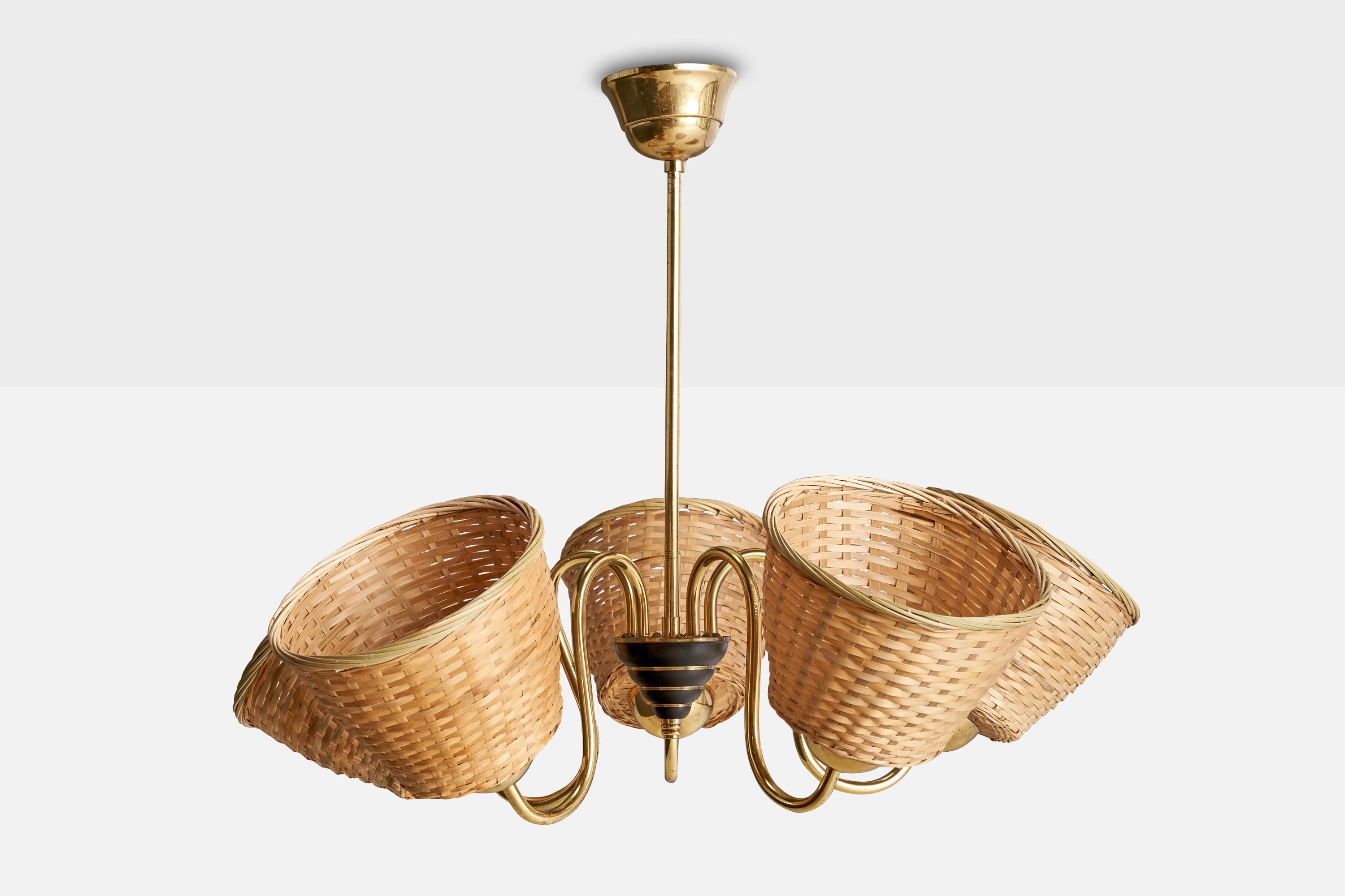 Svedese Designer svedese, lampadario, ottone, metallo, rattan, anni '60 in vendita