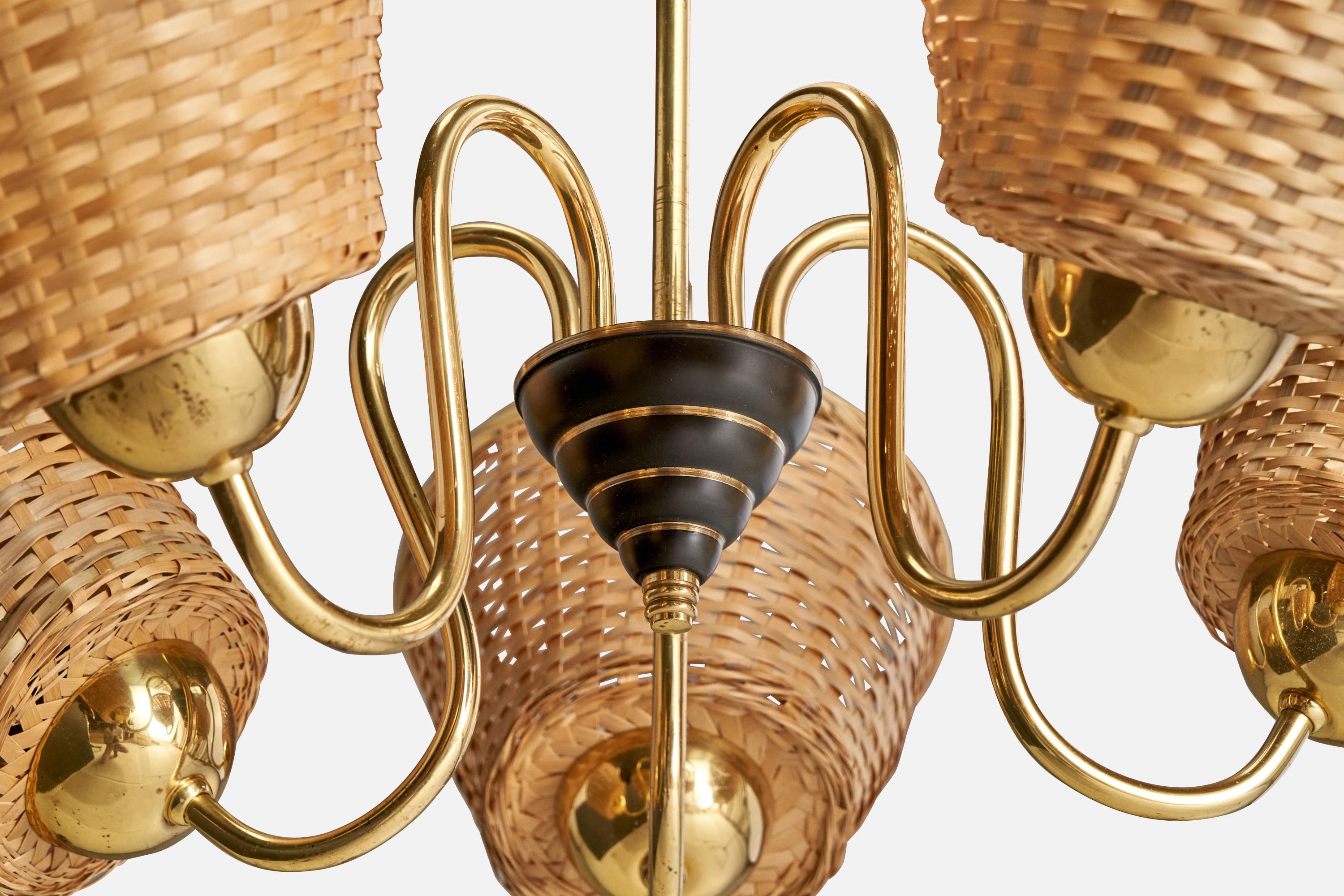 Metallo Designer svedese, lampadario, ottone, metallo, rattan, anni '60 in vendita