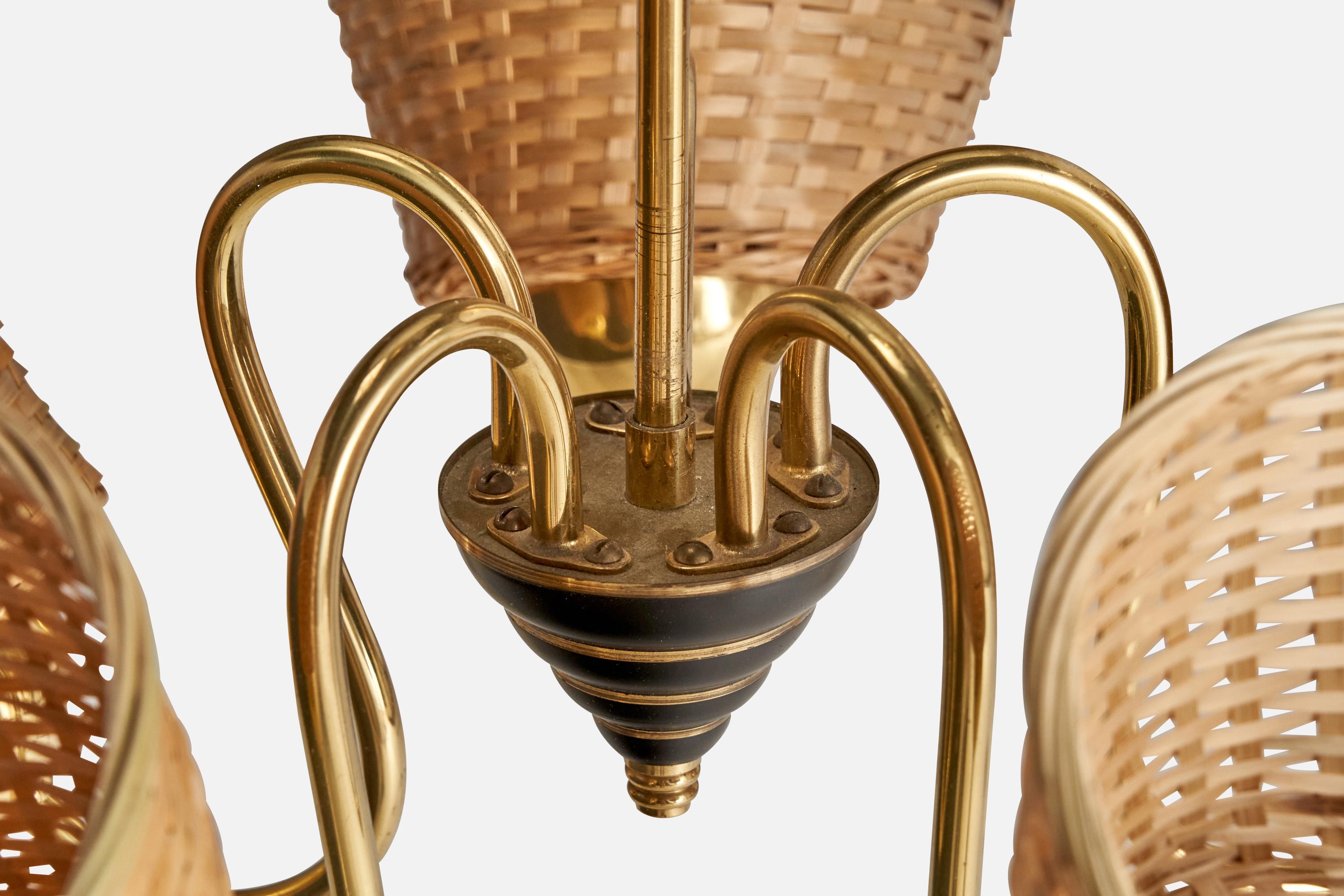 Designer svedese, lampadario, ottone, metallo, rattan, anni '60 in vendita 1