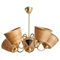 Schwedischer Designer, Kronleuchter, Messing, Metall, Rattan, 1960er Jahre