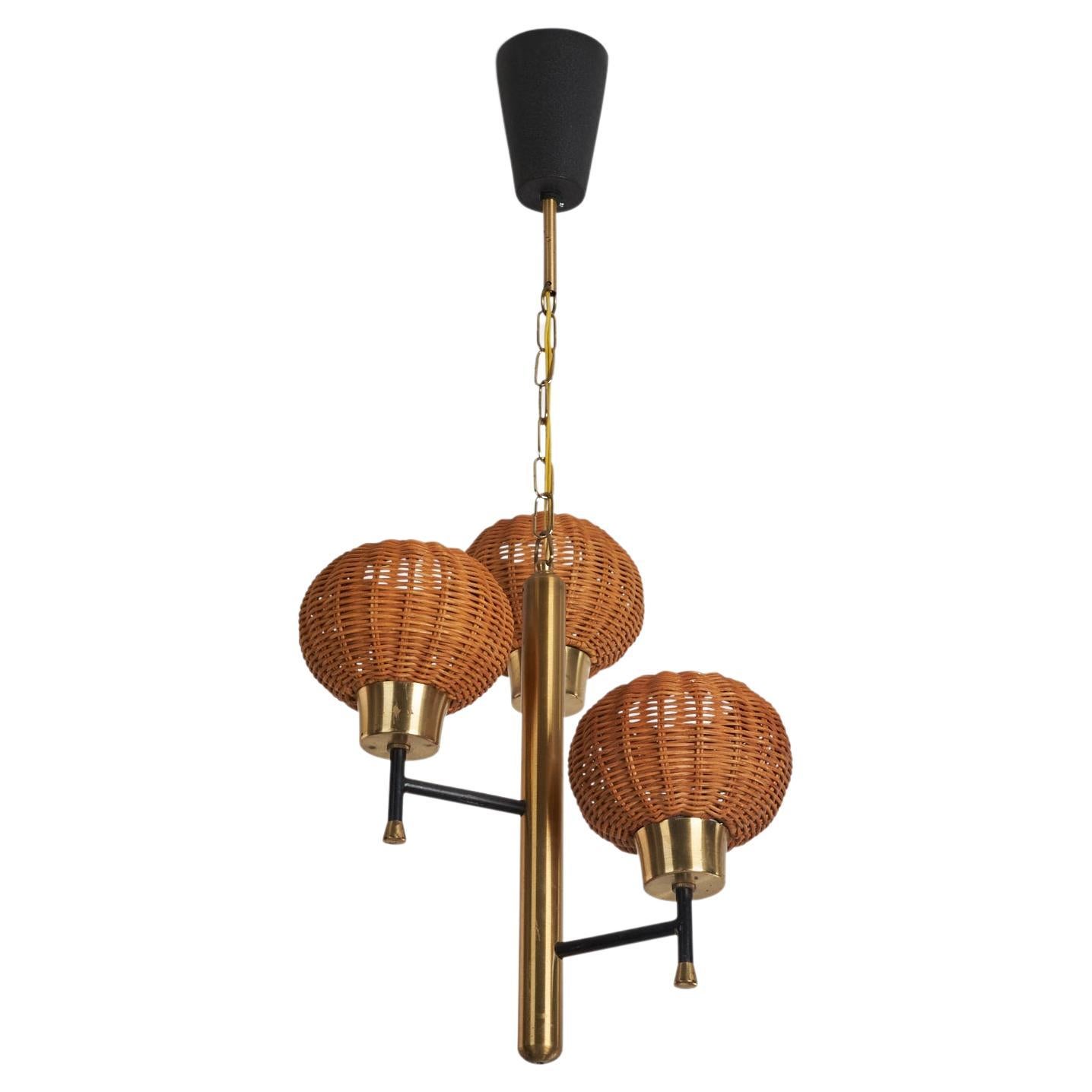 Swedish Designer, Chandelier, Brass, Lacquered Metal, Glass, Sweden