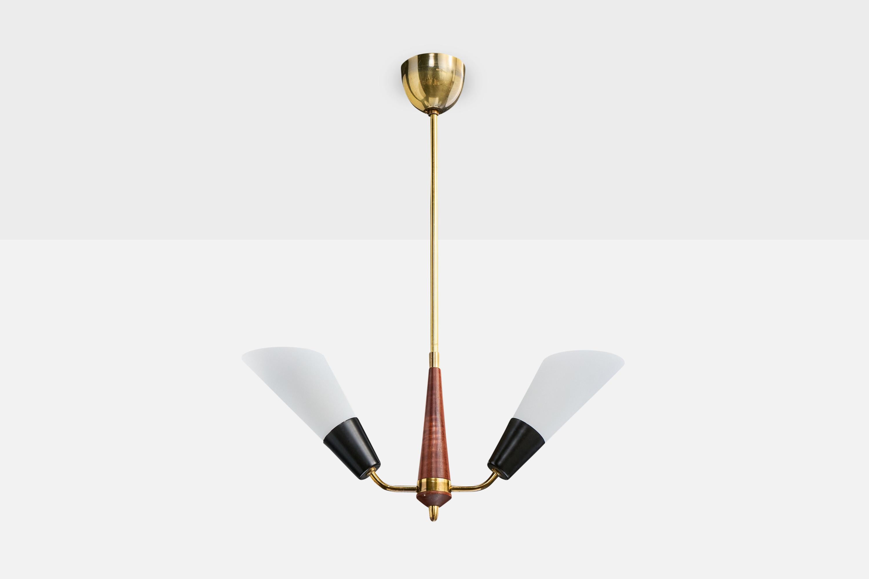 A brass, teak, black-lacquered metal and white opaline glass chandelier designed and produced in Sweden, c. 1950s.

The brass stem presents with light oxidation.

Overall Dimensions (inches): 23.5