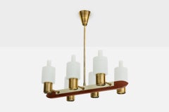 Diseñador sueco, lámpara de araña, latón, metal, teca, cristal, Suecia, años 50