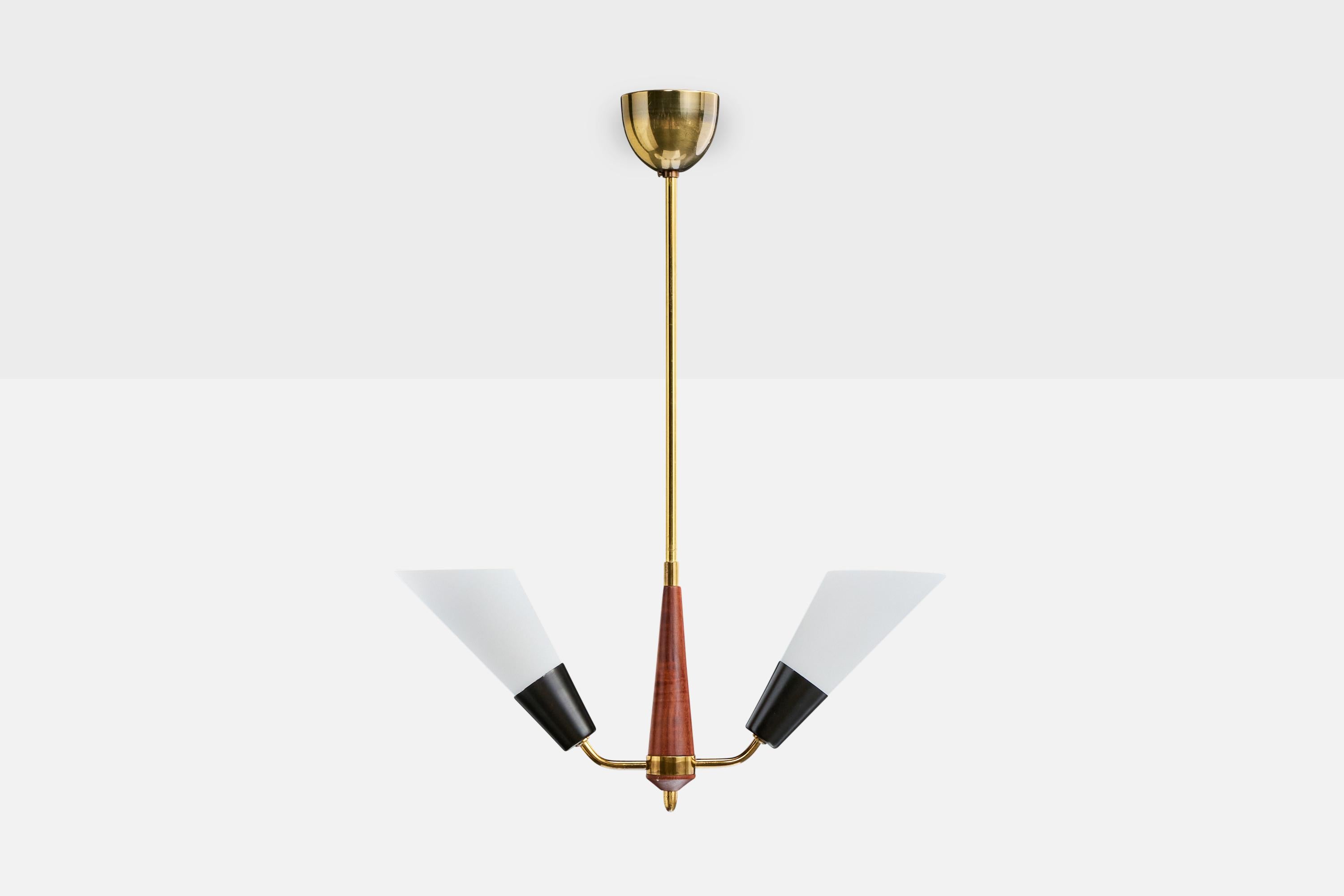 Mid-Century Modern Swedish Designer, Chandelier, Brass, Metal, Teak, Glass, Sweden, 1950s For Sale