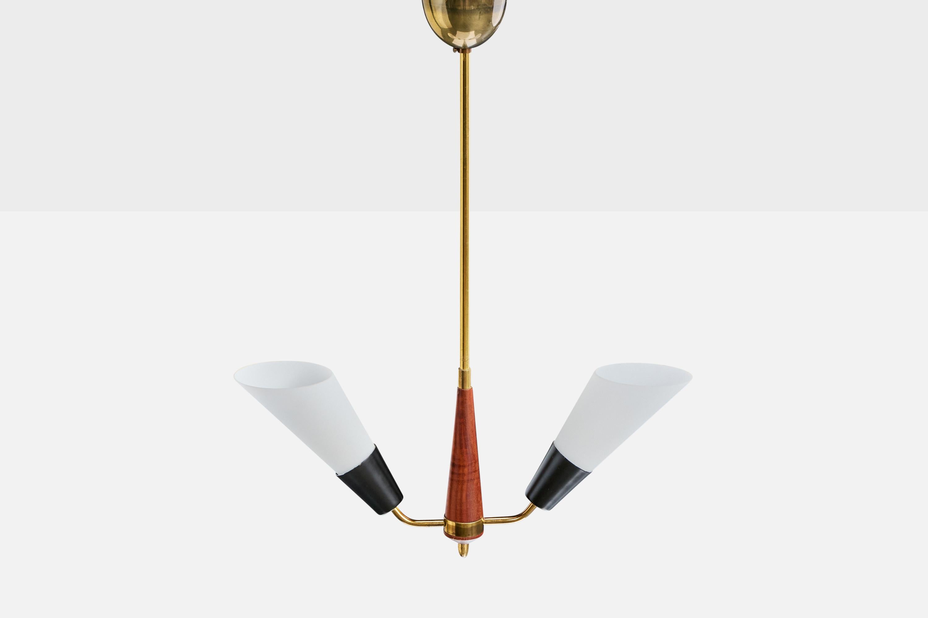 Swedish Designer, Chandelier, Brass, Metal, Teak, Glass, Sweden, 1950s In Good Condition For Sale In High Point, NC