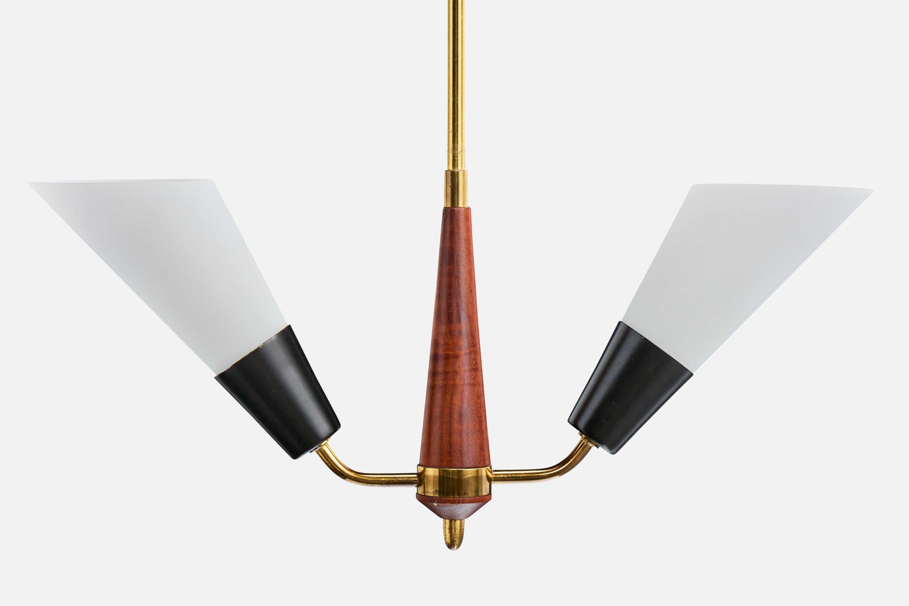 Mid-20th Century Swedish Designer, Chandelier, Brass, Metal, Teak, Glass, Sweden, 1950s For Sale