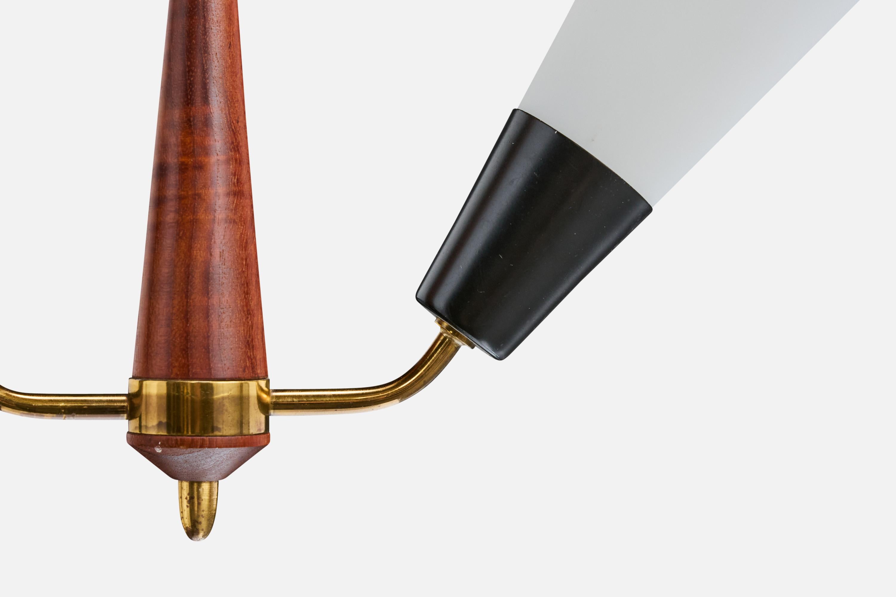 Swedish Designer, Chandelier, Brass, Metal, Teak, Glass, Sweden, 1950s For Sale 1