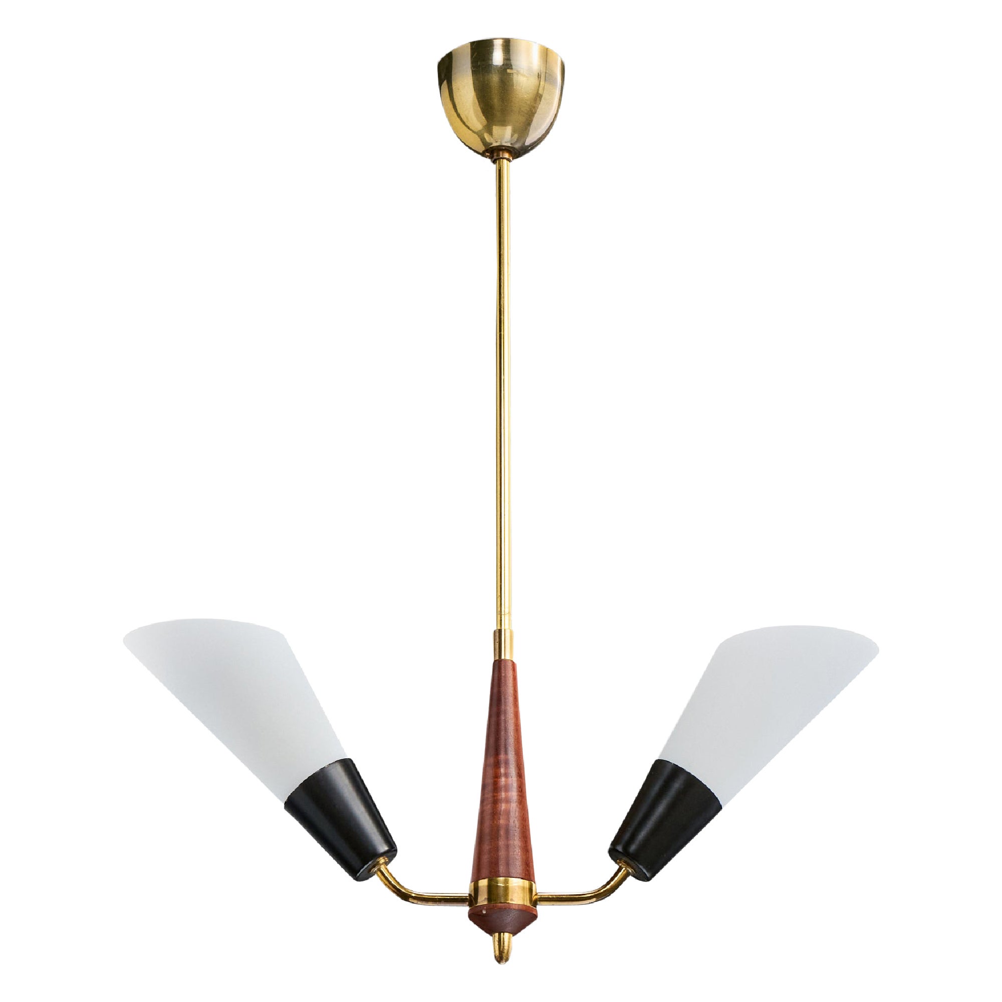 Schwedischer Designer, Kronleuchter, Messing, Metall, Teakholz, Glas, Schweden, 1950er Jahre