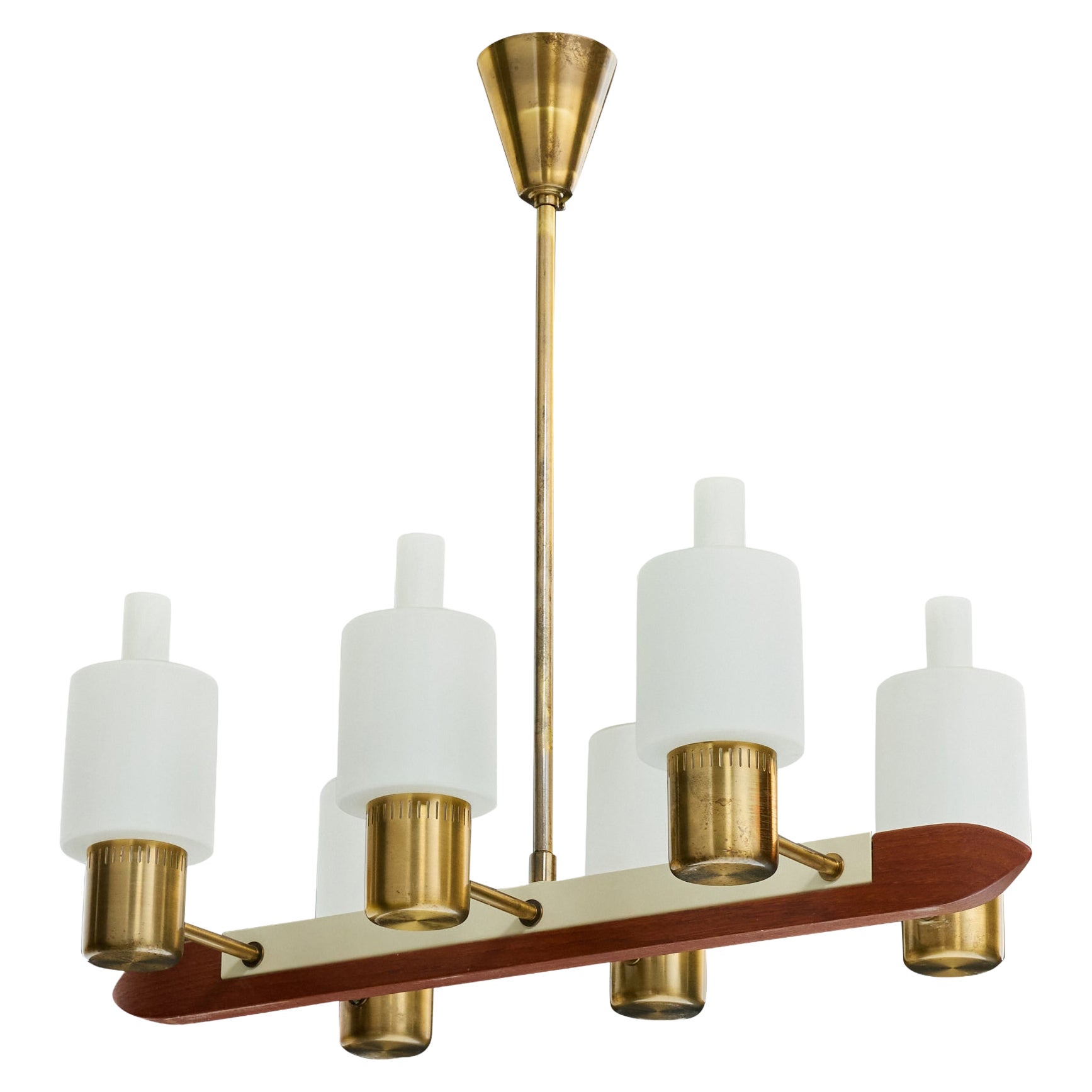Swedish Designer, Chandelier, Brass, Metal, Teak, Glass, Sweden, 1950s For Sale
