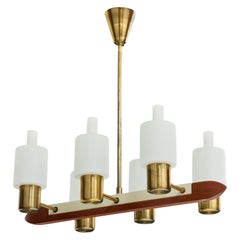 Swedish Designer, Chandelier, Brass, Metal, Teak, Glass, Sweden, 1950s Swedish Designer, Chandelier, Brass, Metal, Teak, Glass, Sweden, 1950s