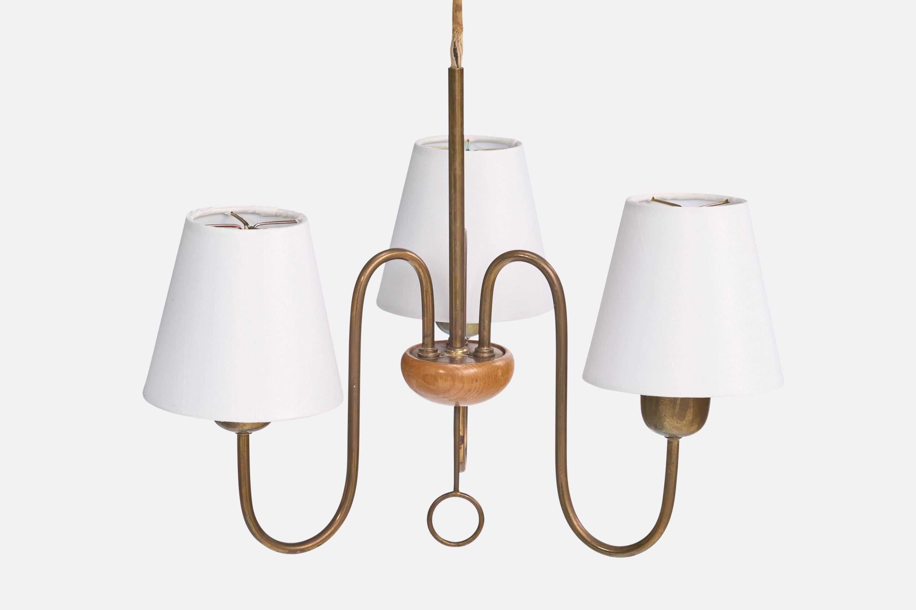 Lampadario di design svedese, ottone, Oak, tessuto, Svezia, anni '40 in vendita 4