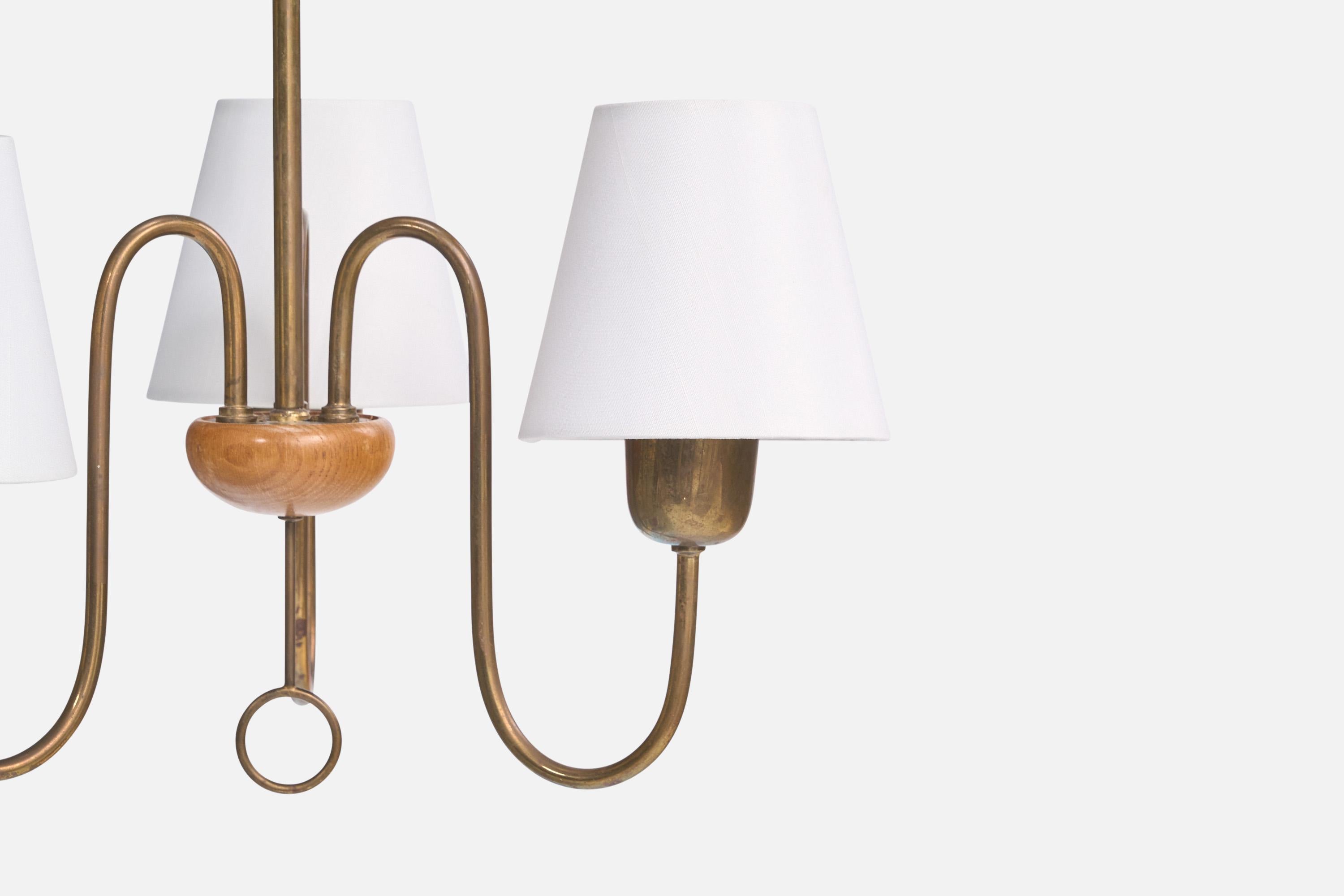 Lampadario di design svedese, ottone, Oak, tessuto, Svezia, anni '40 in vendita 5